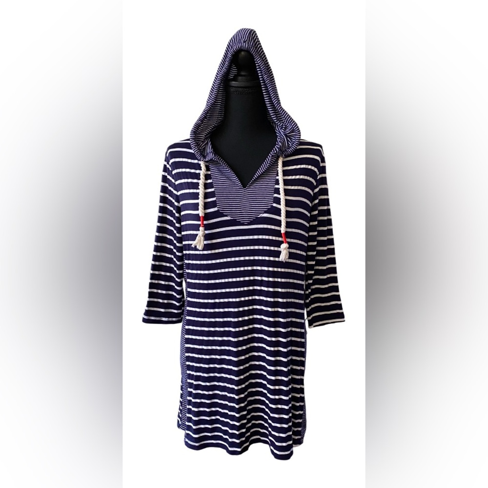 Beach Break: Striped Navy Blue and White Hooded Top